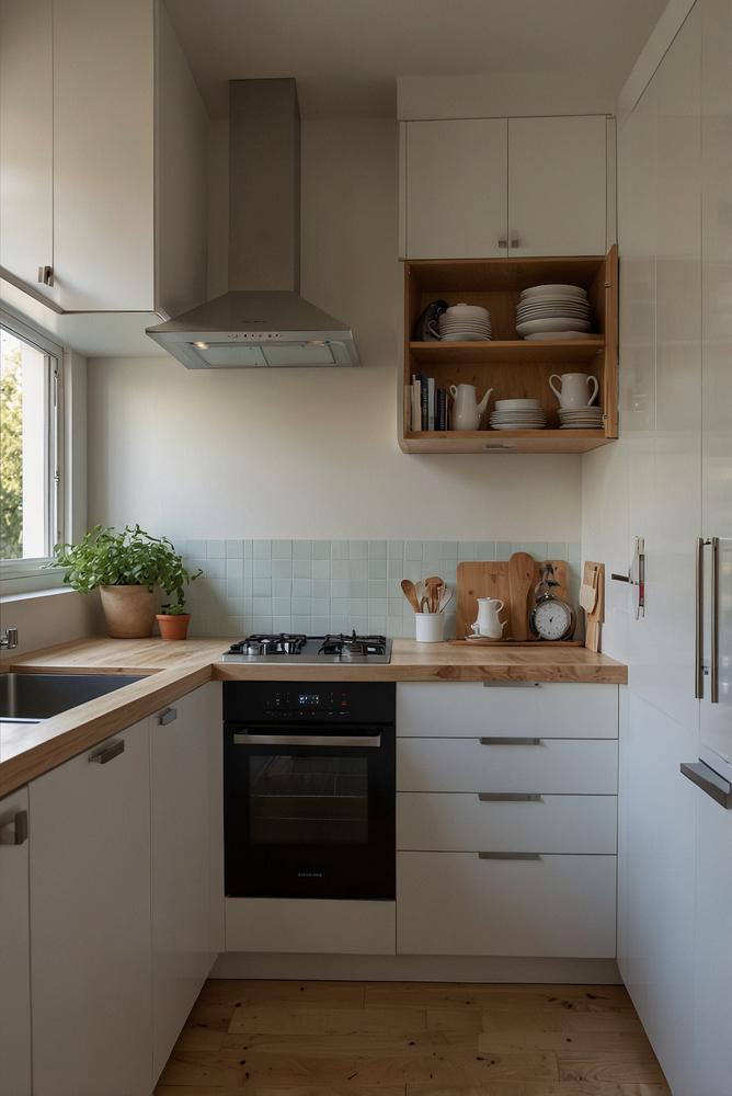 Helle, lichtdurchflutete kompakte Küchenzeile in kleinem Raum