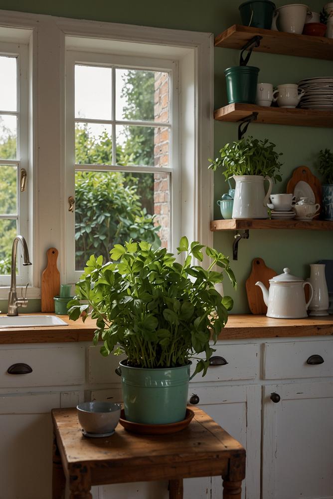 Helle, moderne Kräuterfensterbank in lichtdurchfluteter Küche