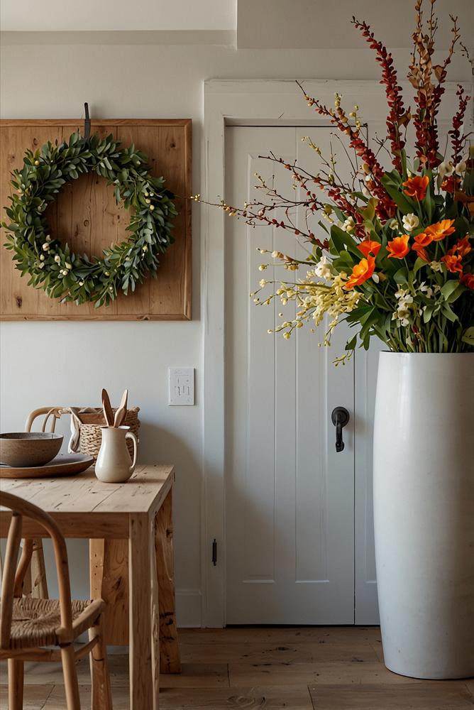 Küchentür mit heller, frischer saisonaler Frühlingsdekoration