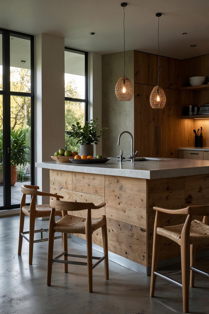 Helle moderne Kücheninsel mit Barhockern und Hängelampen