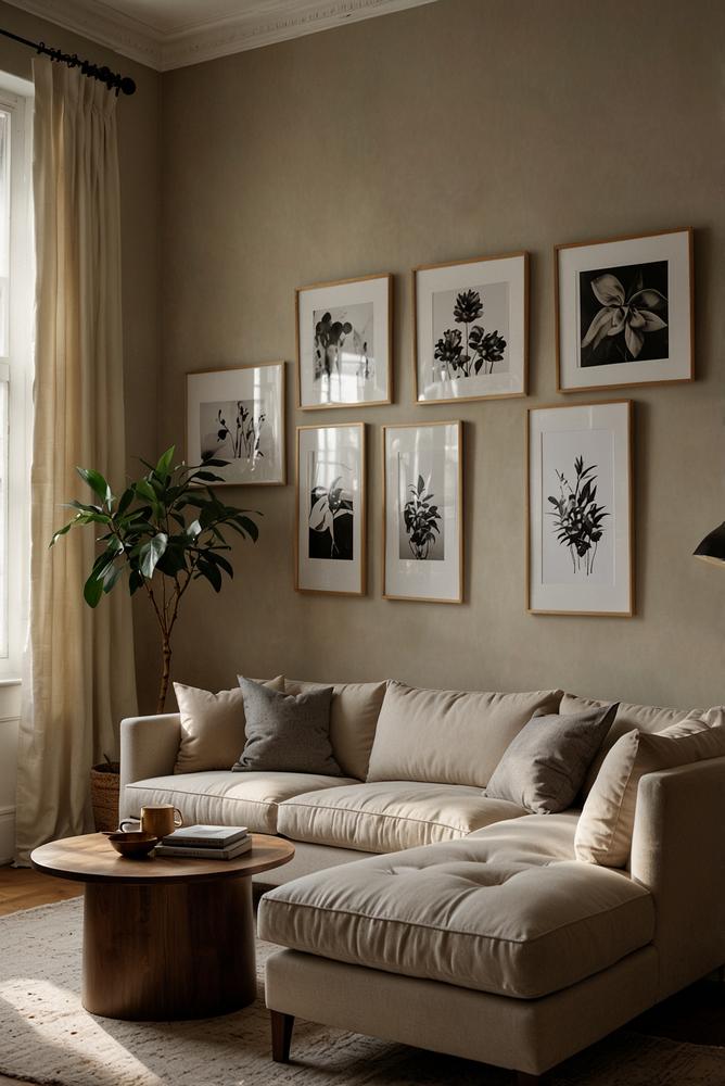 Helles Wohnzimmer mit kunstvoll beleuchteter Bilderwand