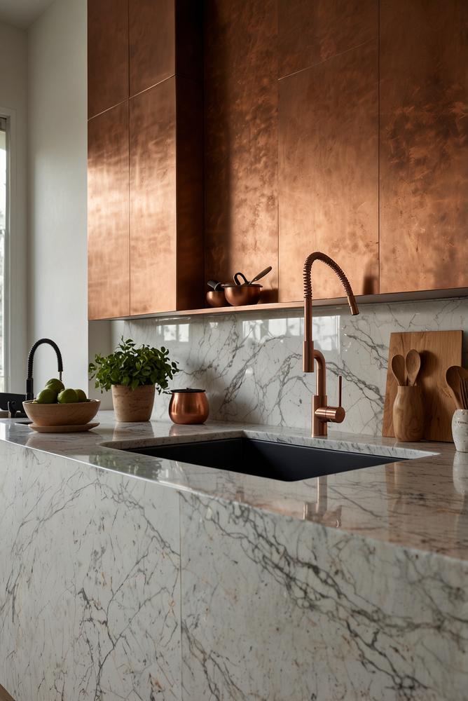Helle moderne Küche mit Kupfer-Akzenten auf der Rückwand