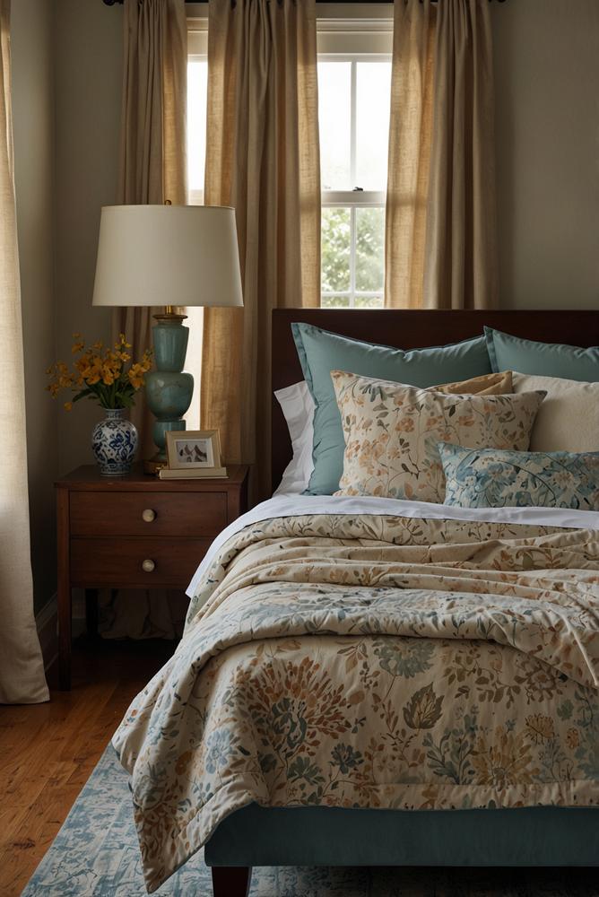 Gemütliche mehrlagige Bettgestaltung mit Kissen und Decken