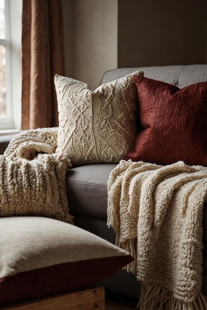 Helle, moderne Wohnzimmer mit kuscheligen Wollkissen