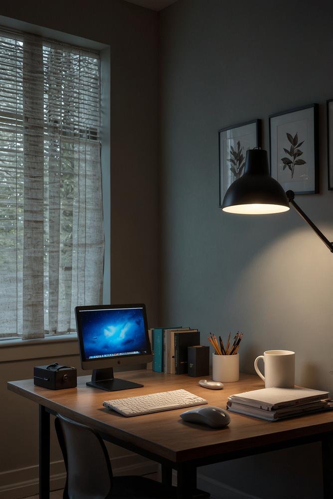 LED-Moodlight hinter Monitor im hellen Homeoffice