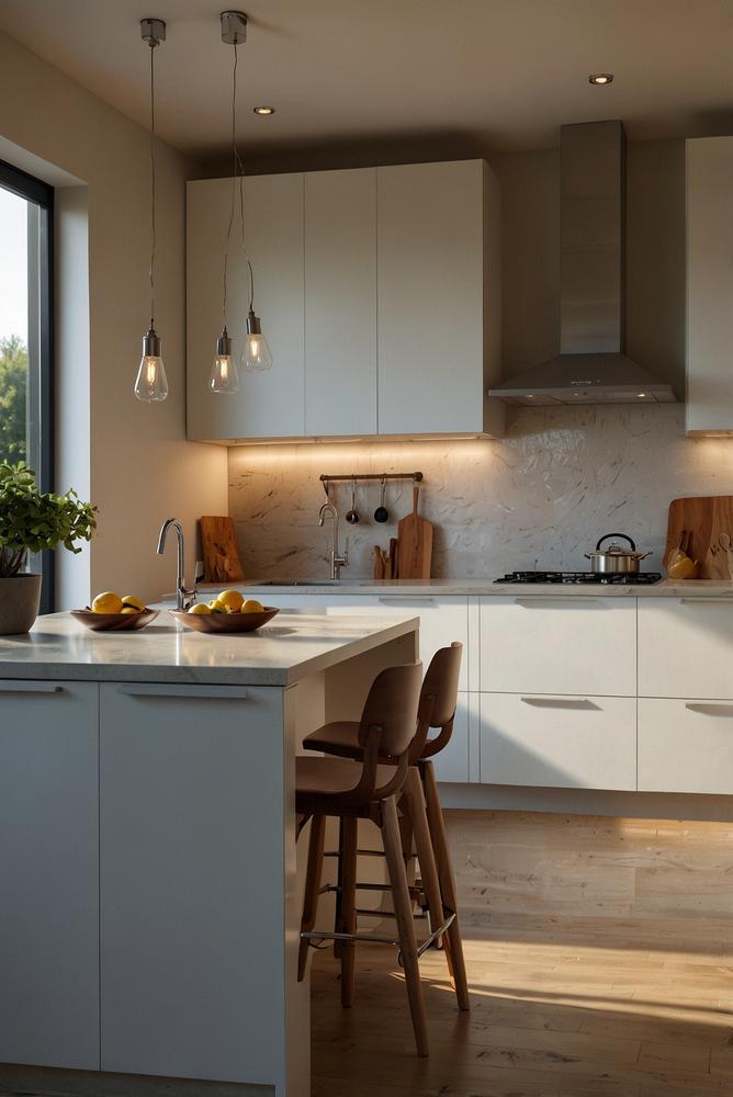 Helle Küche mit LED-Unterbau-Beleuchtung und Tageslicht
