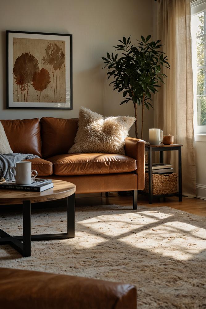 Leder- und Filzkissen auf moderner Couch, warm und einladend