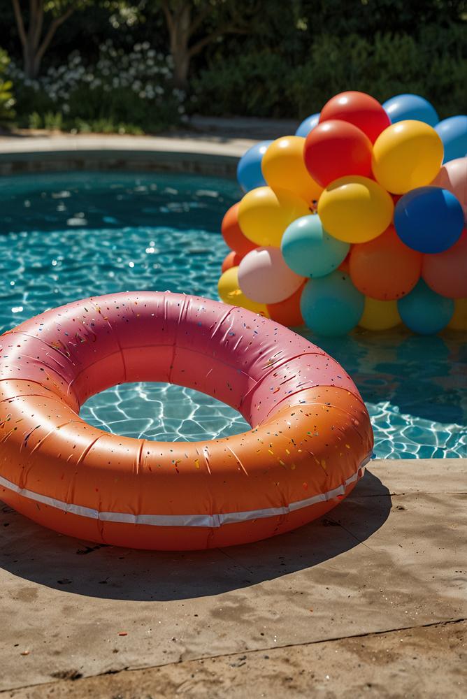 Heller Garten mit Pool und sommerlicher Partydeko