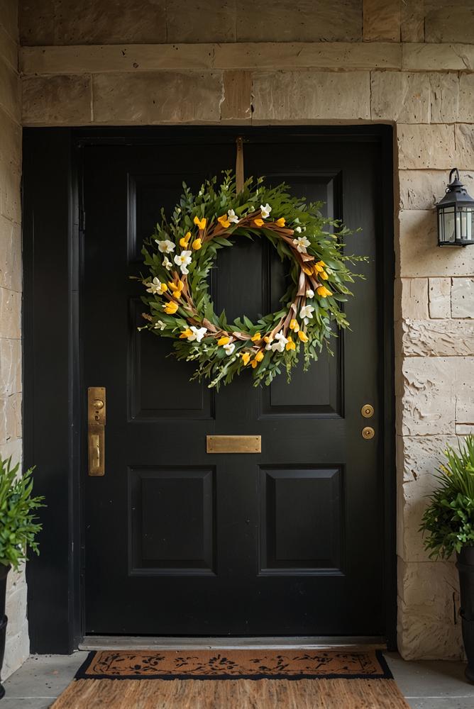 Helle Haustür mit leichtem Frühlingskranz und natürlicher Dekoration