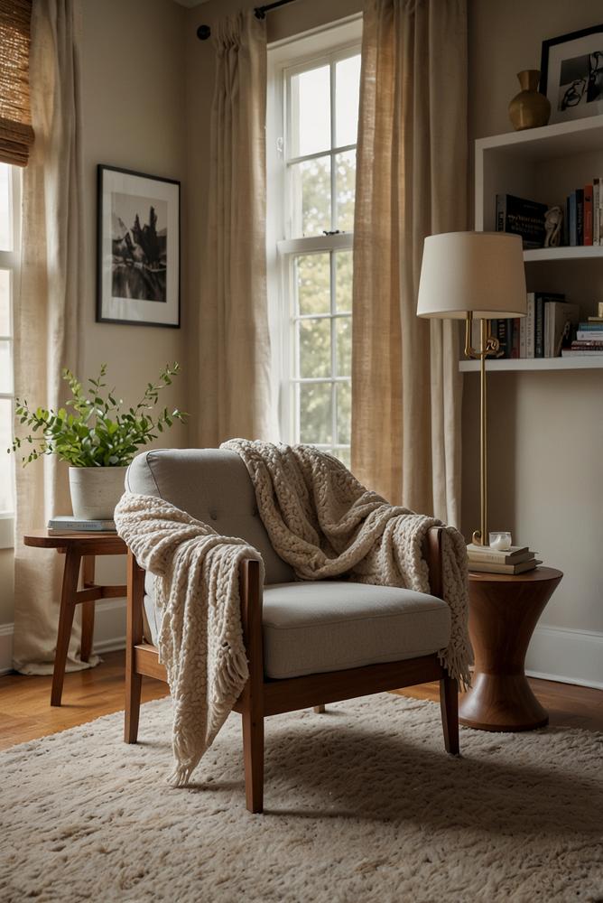 Gemütliche Leseecke im Schlafzimmer mit Sessel und Lampe