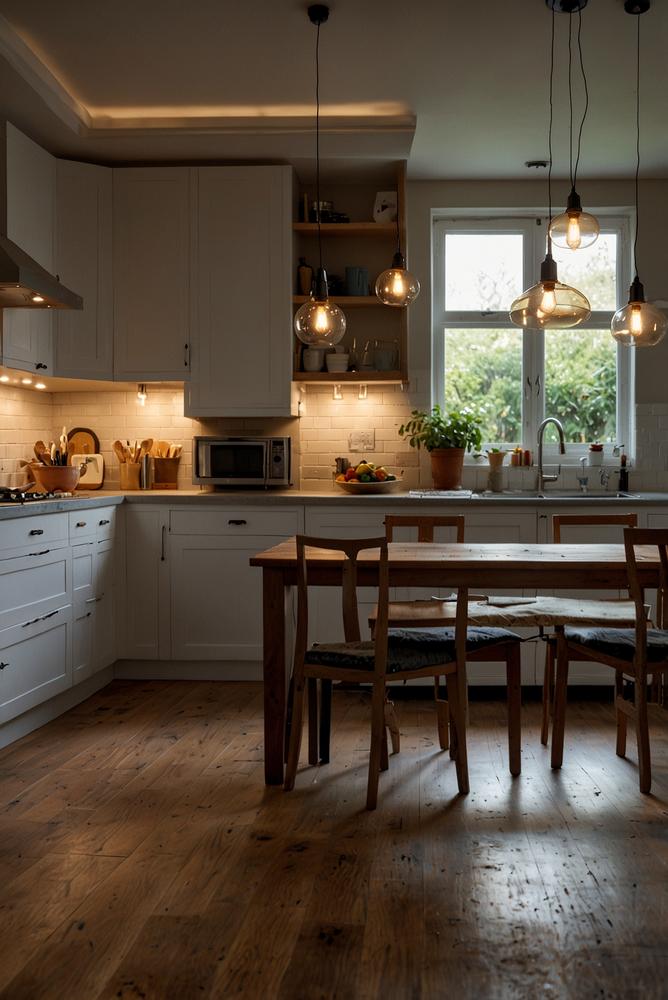 Lichterkette über dem Küchentisch in heller moderner Küche