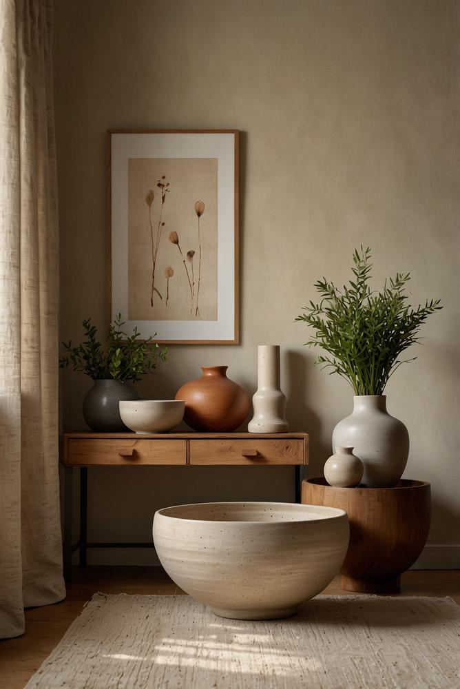 Matte Keramik-Schalen auf Sideboard in hellem Raum