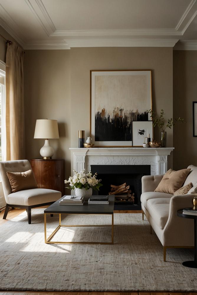 Wohnzimmer mit hellen Metallakzenten aus Messing und Schwarz