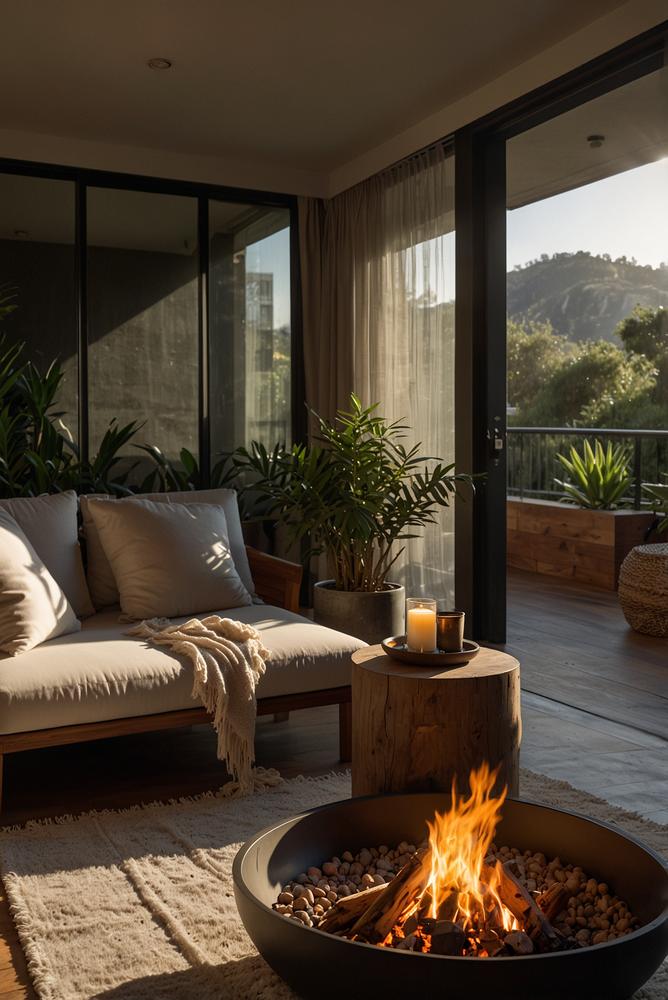 Mini-Feuerkorb sicher auf Balkon integriert, hell und modern