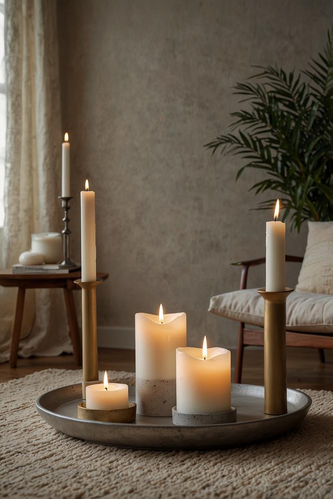 Minimalistische Dekoration mit Kerzen und Tabletts in hellem Raum