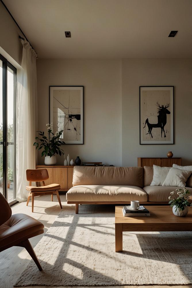 Heller Raum mit minimalistischen Möbeln und viel Sonnenlicht