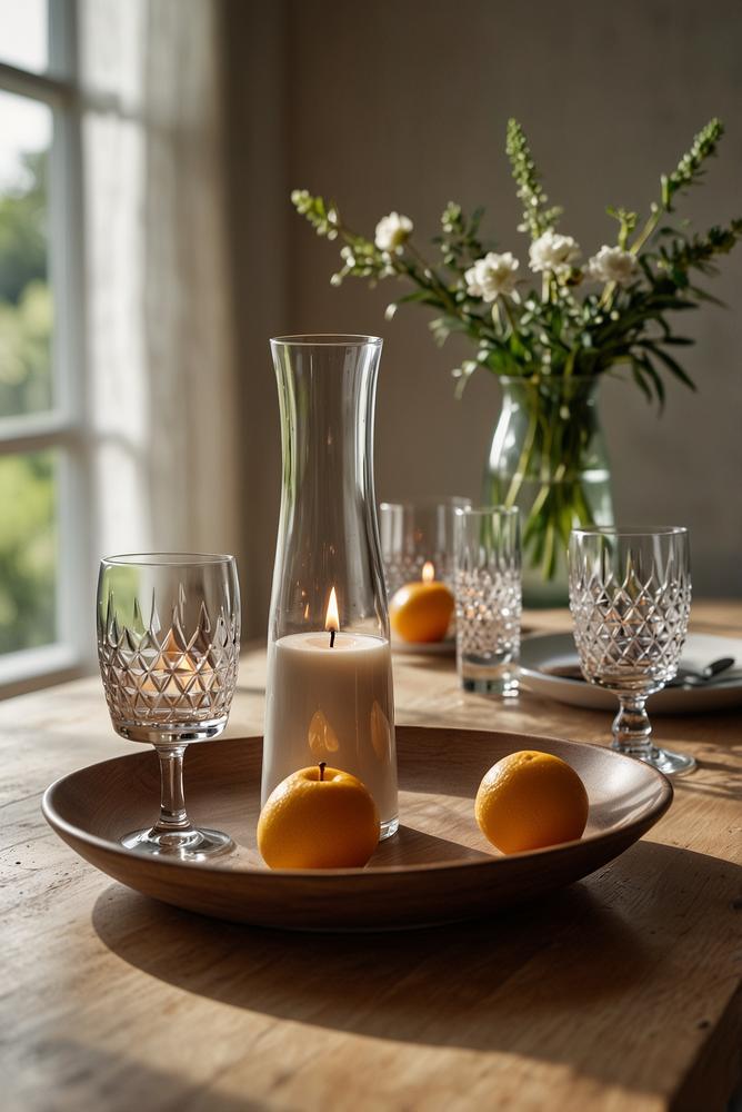 Minimalistische helle Tischdeko mit Glasobjekten und klaren Linien