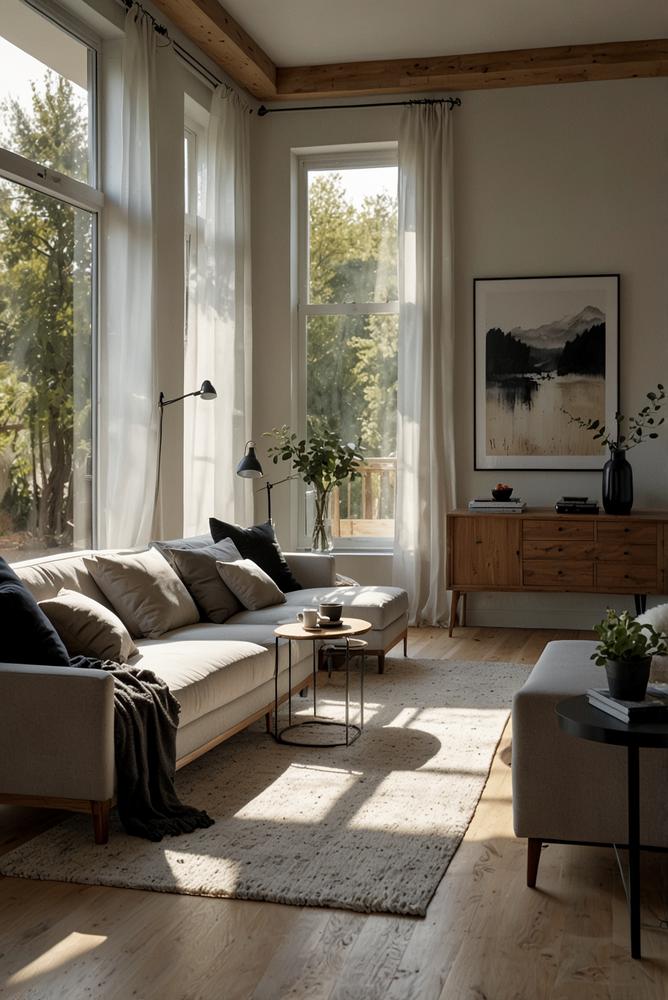 Minimalistisches Wohnzimmer mit klaren Linien und heller Einrichtung