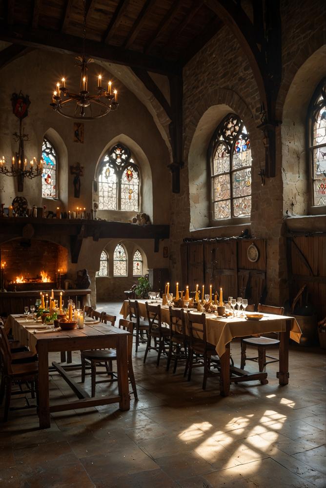 Heller Raum mit mittelalterlicher Mottoparty Dekoration