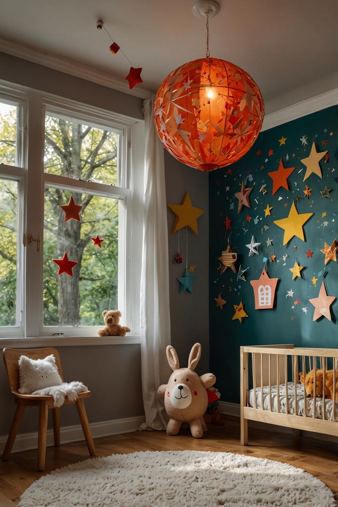 Helles Kinderzimmer mit mobilen Dekoelementen an der Decke