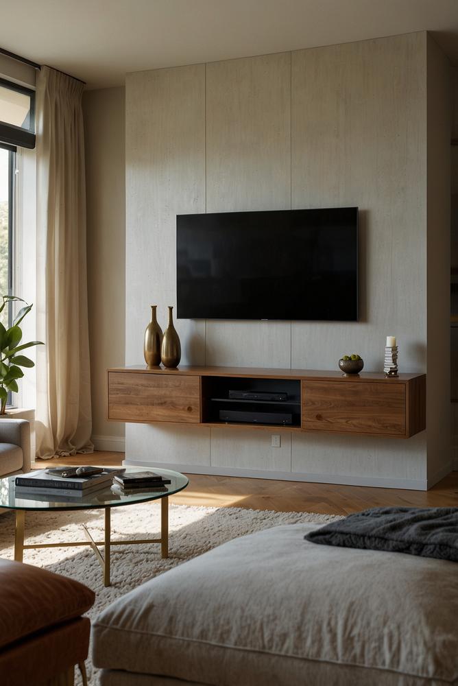 Helle moderne TV-Wand mit Soundbar im Wohnzimmer