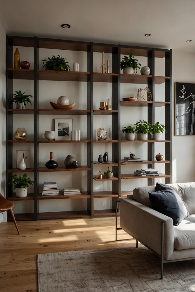 Modernes Wohnzimmer mit heller Regalwand als Raumteiler