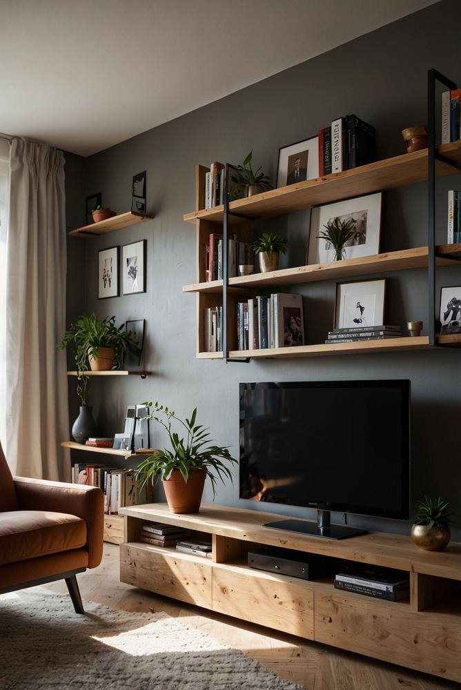 Moderne TV-Wand mit schlankem Fernseher und Regalen im Wohnzimmer