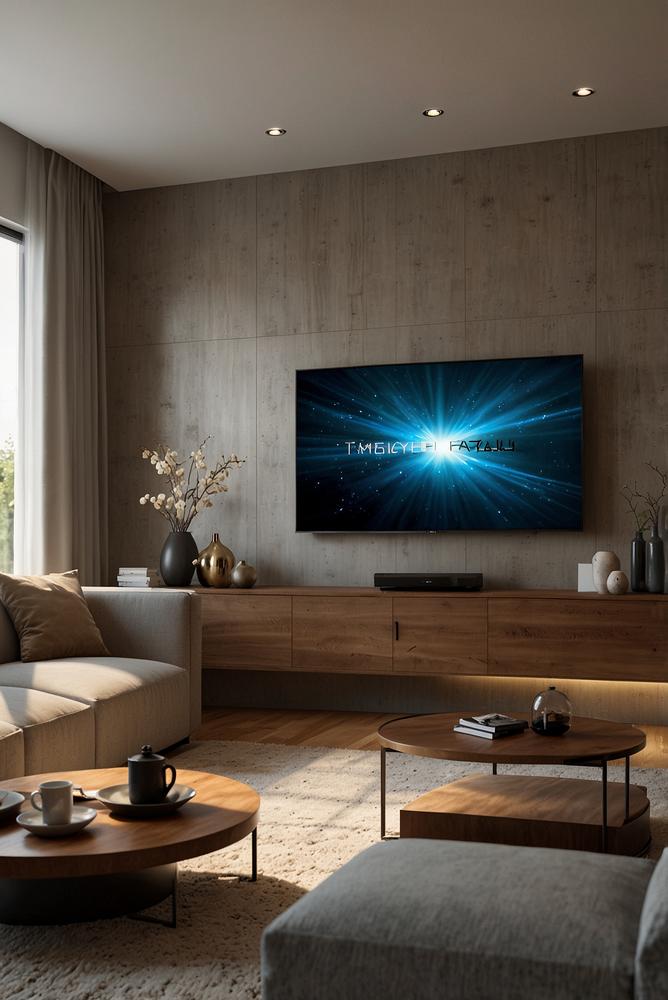 Modernes Wohnzimmer mit TV-Wand und Medienkonsole hell und einladend