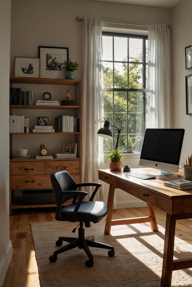 Heller Arbeitsplatz mit Monitor-Riser und Schreibtischablage