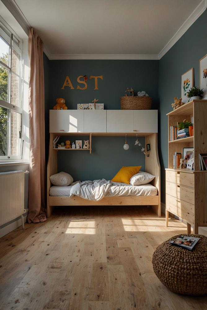 Multifunktionales Kinderbett in hellem, lichtdurchflutetem Raum