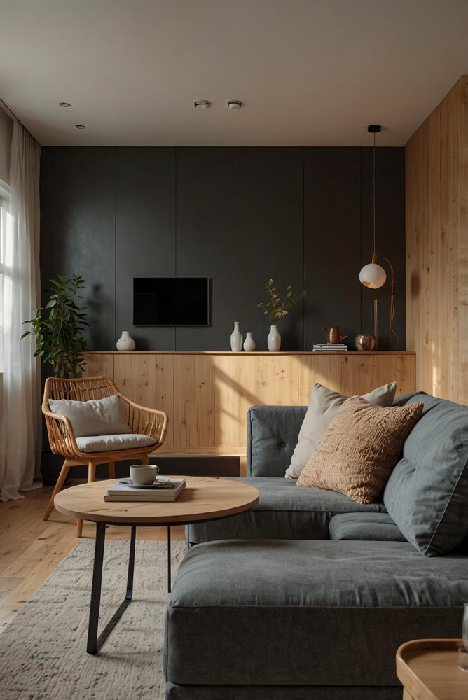 Helles Wohnzimmer mit Sofa-Bett und Klapptisch