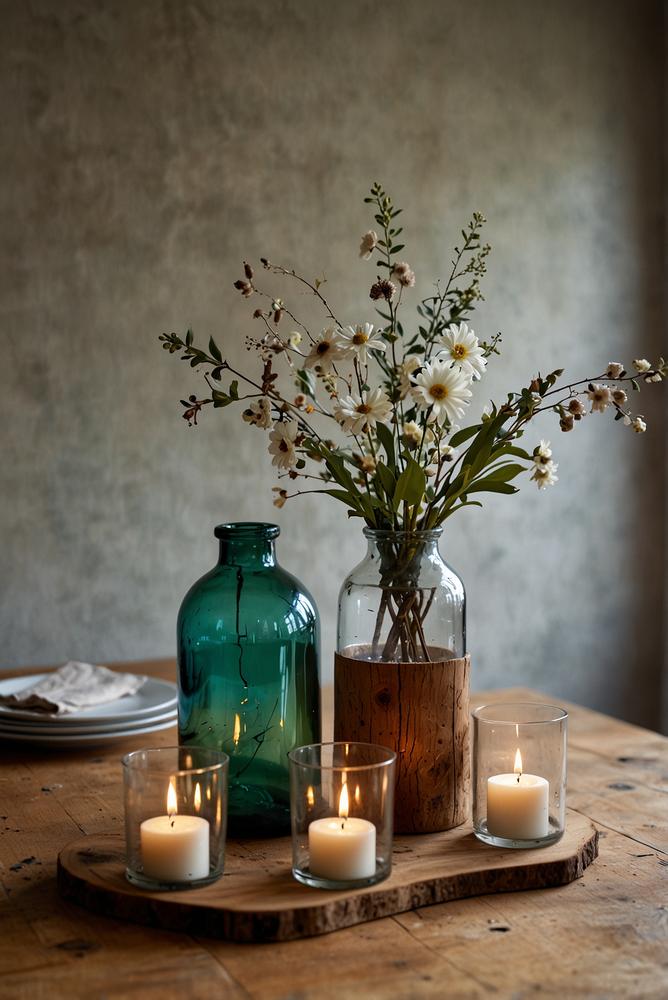 Helle nachhaltige Tischdeko aus recycelten Materialien