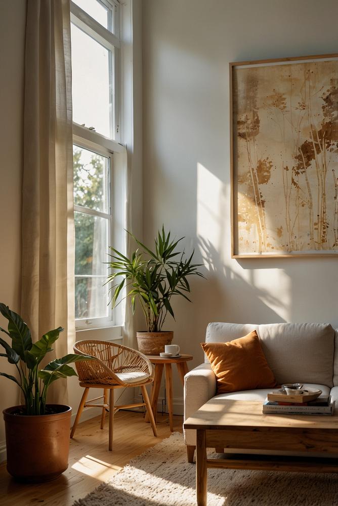 Helles Wohnzimmer mit nachhaltiger und moderner Dekoration