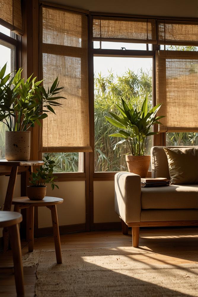 Heller moderner Raum mit Bambusjalousien und warmem Licht