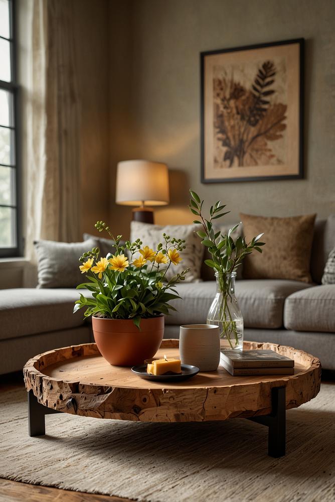 Helle moderne Wohnzimmerecke mit Holztabletts und Baumrindenuntersetzern