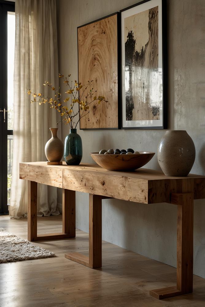 Konsole mit Holz- und Steinaccessoires in modernem Raum