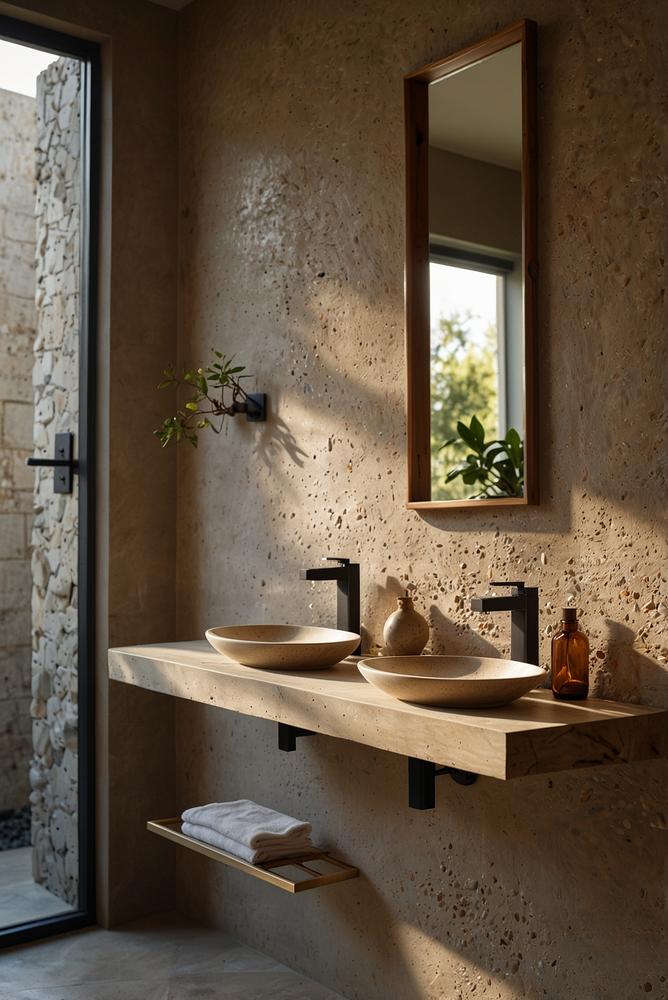 Helles Badezimmer mit Stein- und Muschel-Deko und warmem Ambiente