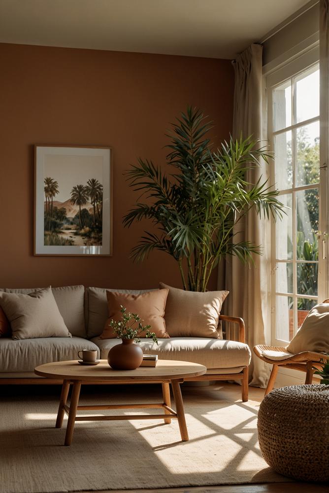 Wohnzimmer mit natürlichen erdigen Farbakzenten und Pflanzen