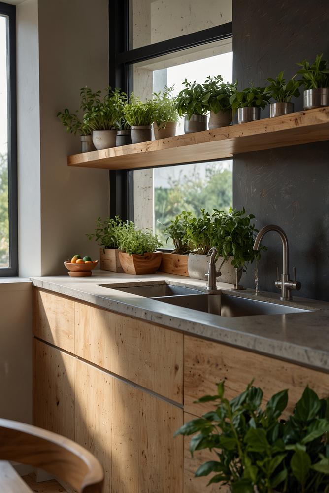 Kraeuterfensterbank mit frischen Pflanzen in moderner Kueche