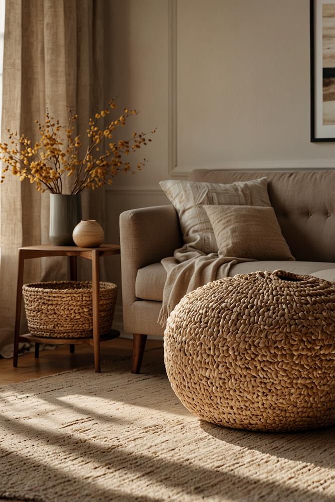 Heller moderner Raum mit natürlichen Seegrass-Körben