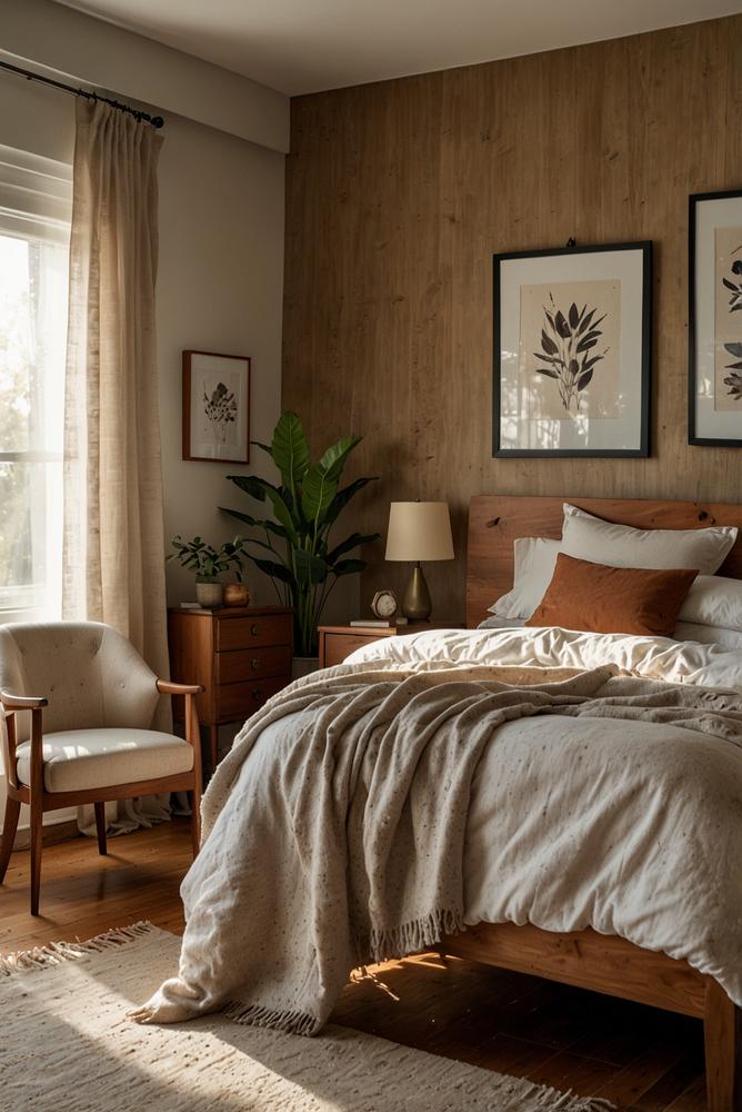 Helles Schlafzimmer mit Leinen, Wolle und Holztexturen