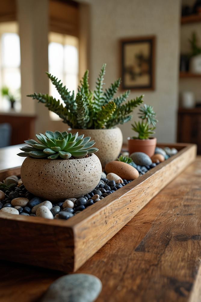 Natürliche Tischdeko mit Steinen und Sukkulenten hell und freundlich