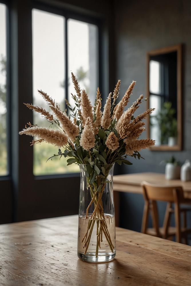 Trockenblumen-Bouquet auf modernem Esstisch in hellem Raum