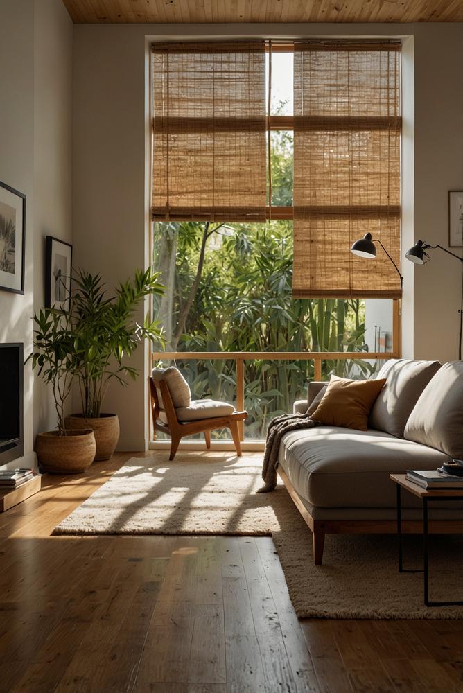 Helles Zimmer mit Bambus-Jalousien und warmem Sonnenlicht