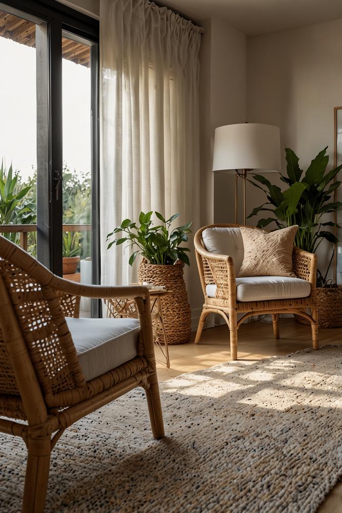 Helles modernes Wohnzimmer mit Rattan-Sesseln und natürlicher Deko