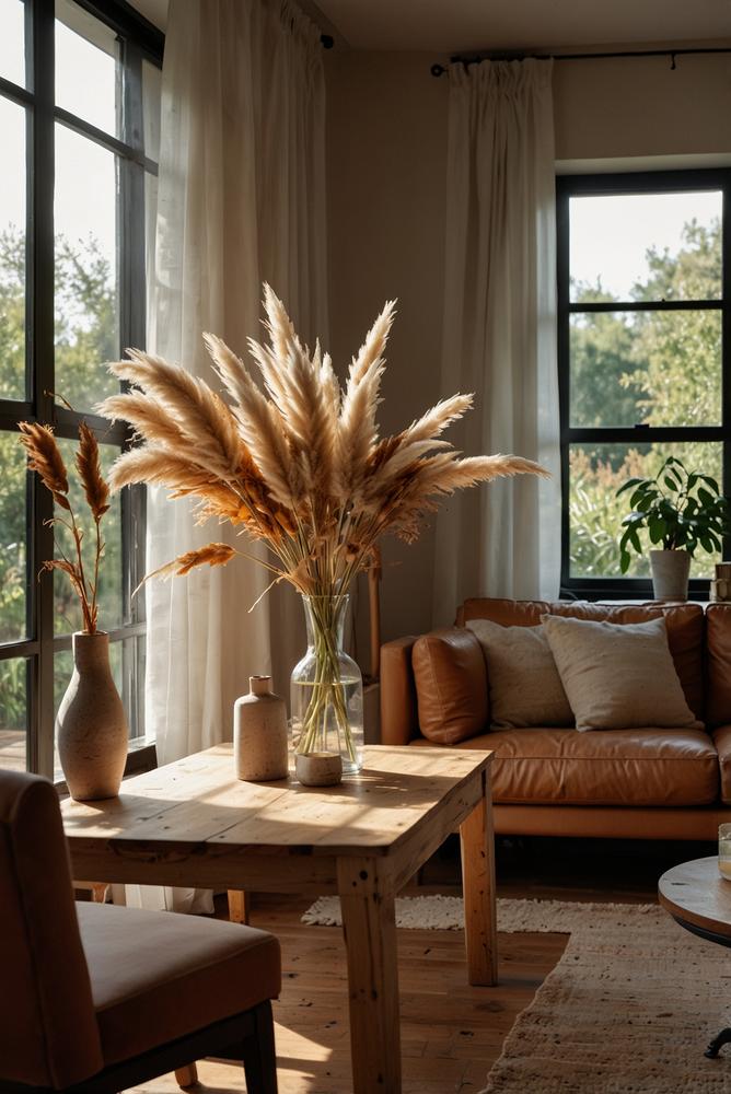 Helles Zimmer mit Trockenblumen und warmem Ambiente