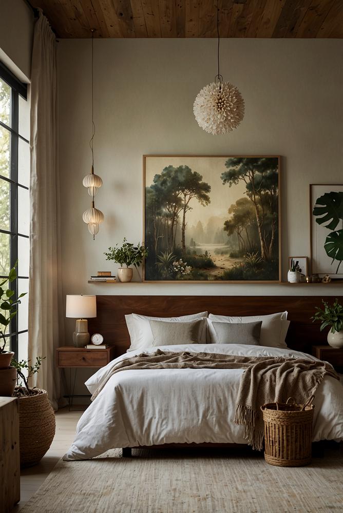 Naturnahe Schlafzimmerdeko mit Bildern, Pflanzen und Holz