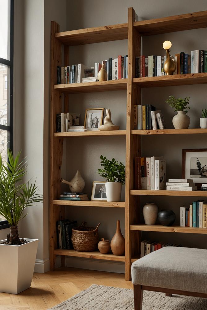 Offene Holz-Bücherwand in hellen Wohnzimmer mit natürlichem Licht