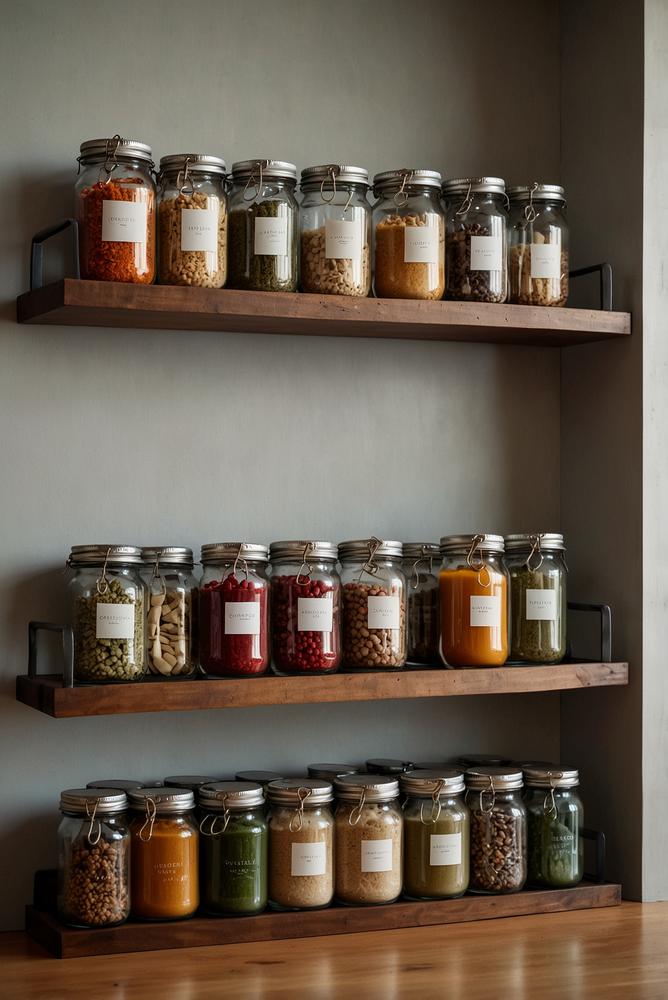 Helle offene Regale mit Gewürzdisplay in moderner Küche