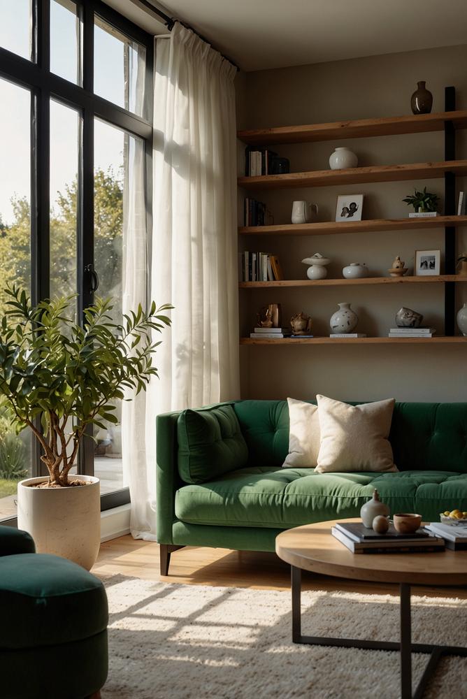 Helles Wohnzimmer mit stilvoll dekorierten offenen Regalen